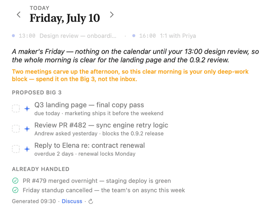 Compass Morning Brief card: one-line verdict, proposed Big 3 with receipts, capacity line, and already-handled items