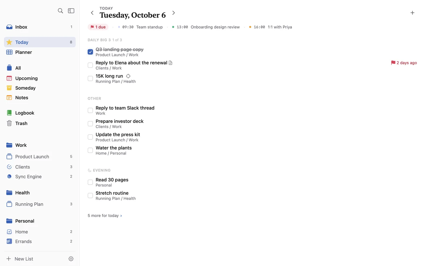 Compass Today at midday. The Daily Big 3 shows 1 of 3 done: Q3 landing page copy is ticked, while Reply to Elena about the renewal and 15K long run are still open. Below are four tasks in Other and two in Evening.